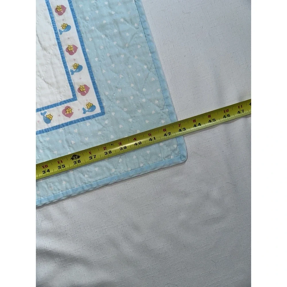 Vtg Care Bears Baby Crib Quilt Handmade 32x43 Nursery Blanket Stars Blue Edge